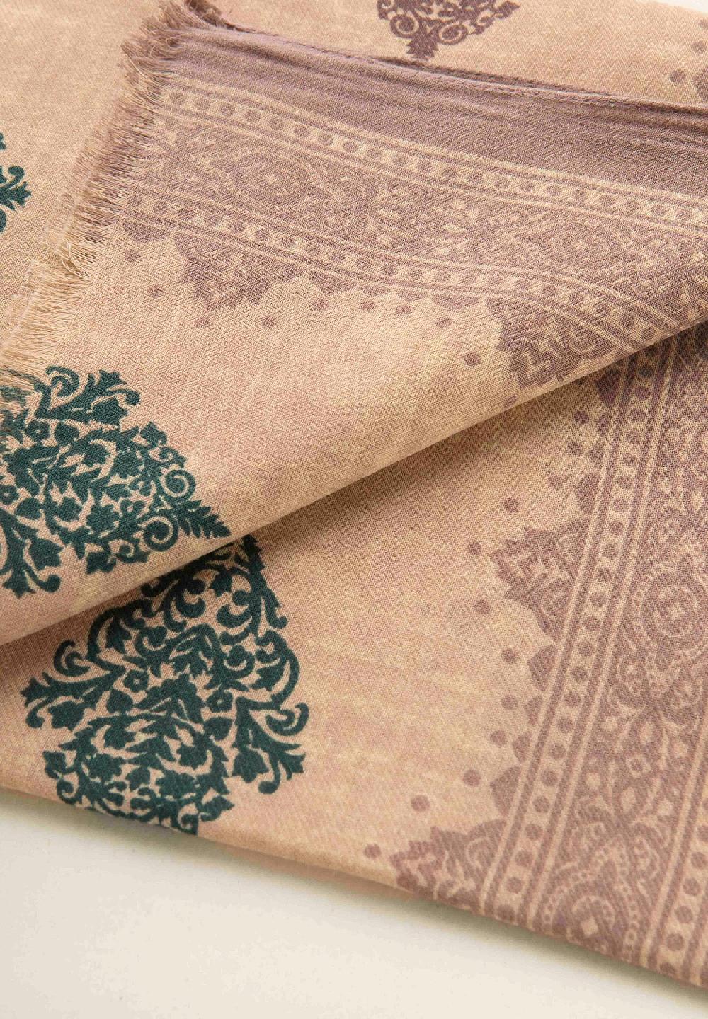 Angelico Sciarpa beige verde fantasia astratta cotone lana frange Prezzo Ridotto