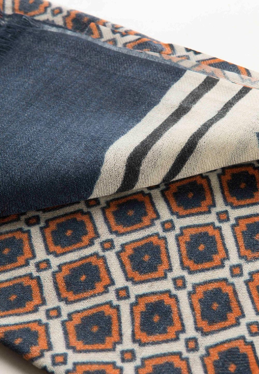 Angelico Sciarpa panna fantasia blu arancione lana frange Sottocosto