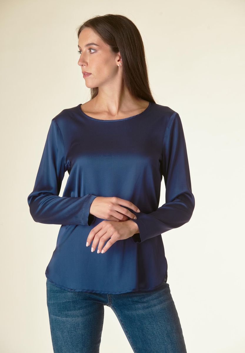 Angelico Blusa blu manica lunga raso viscosa Discount Store per i nuovi prodotti