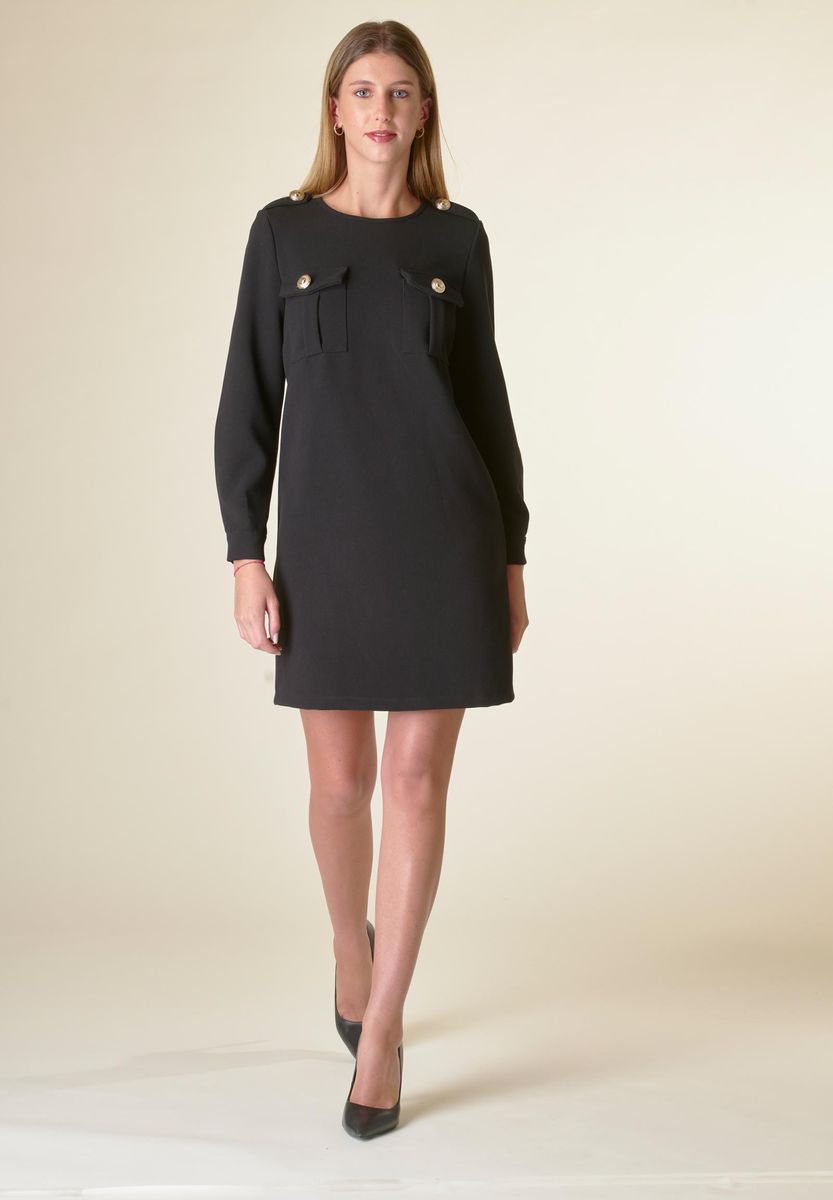 Angelico Vestito nero corto crepe con taschini Super sconto
