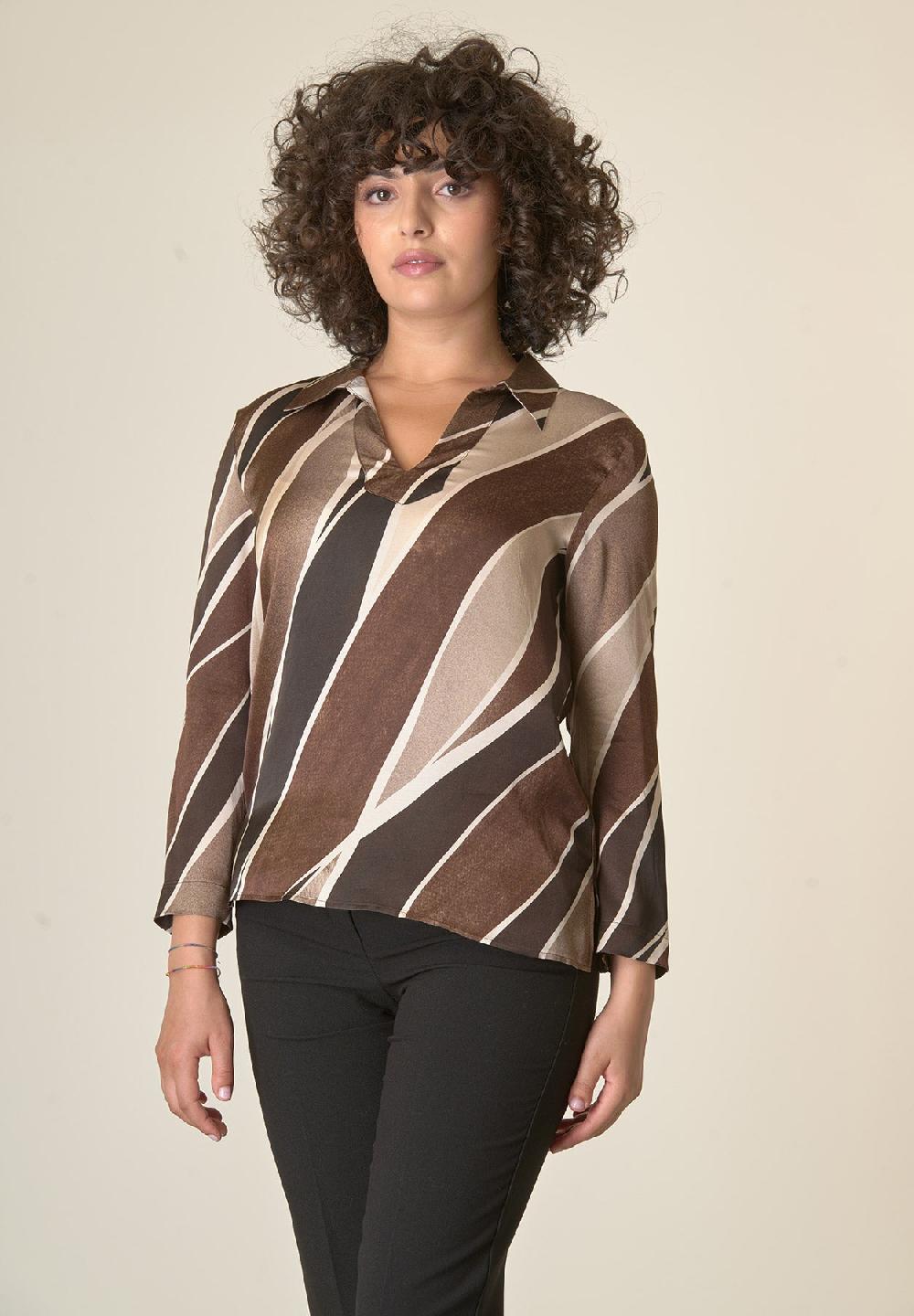 Angelico Camicia marrone fantasia panna scollo V Enormi sconti