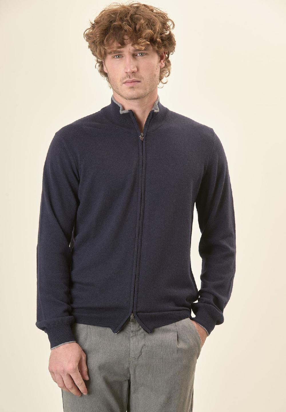 Angelico Giacca zip blu navy toppe misto cashmere Offerta