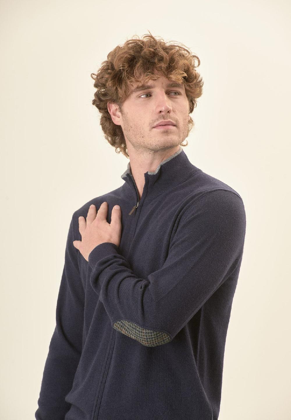Angelico Giacca zip blu navy toppe misto cashmere Offerta
