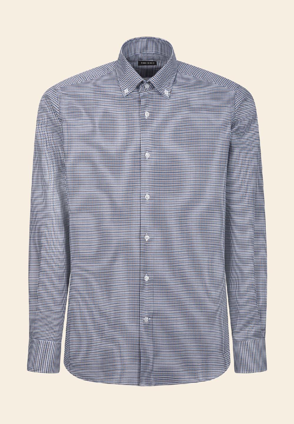 Angelico Camicia blu marrone pied de poulè cotone regular fit Offerta speciale