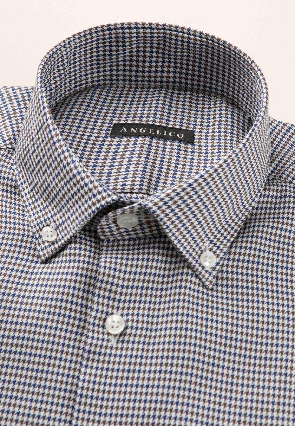 Angelico Camicia blu marrone pied de poulè cotone regular fit Offerta speciale