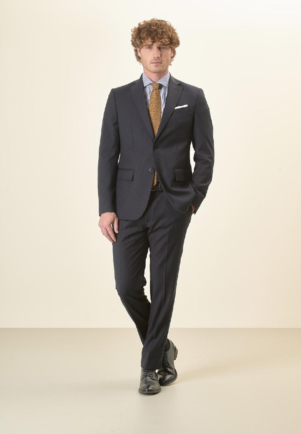 Angelico Abito blu scuro gessato lana vergine stretch custom fit Offerta natalizia