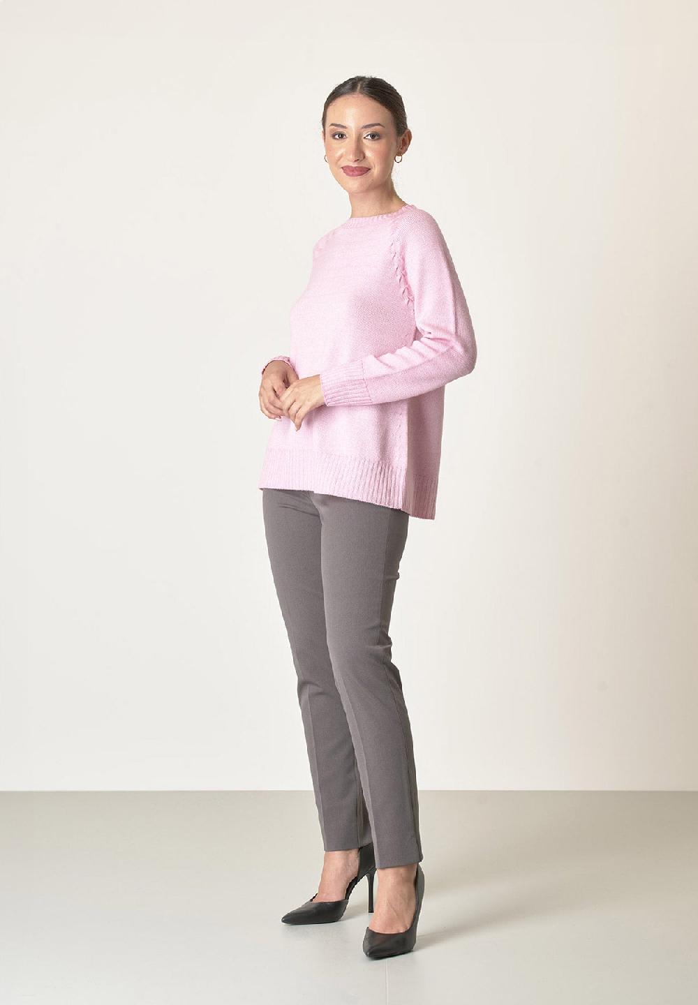 Angelico Girocollo rosa lana merinos treccia raglan In Saldo