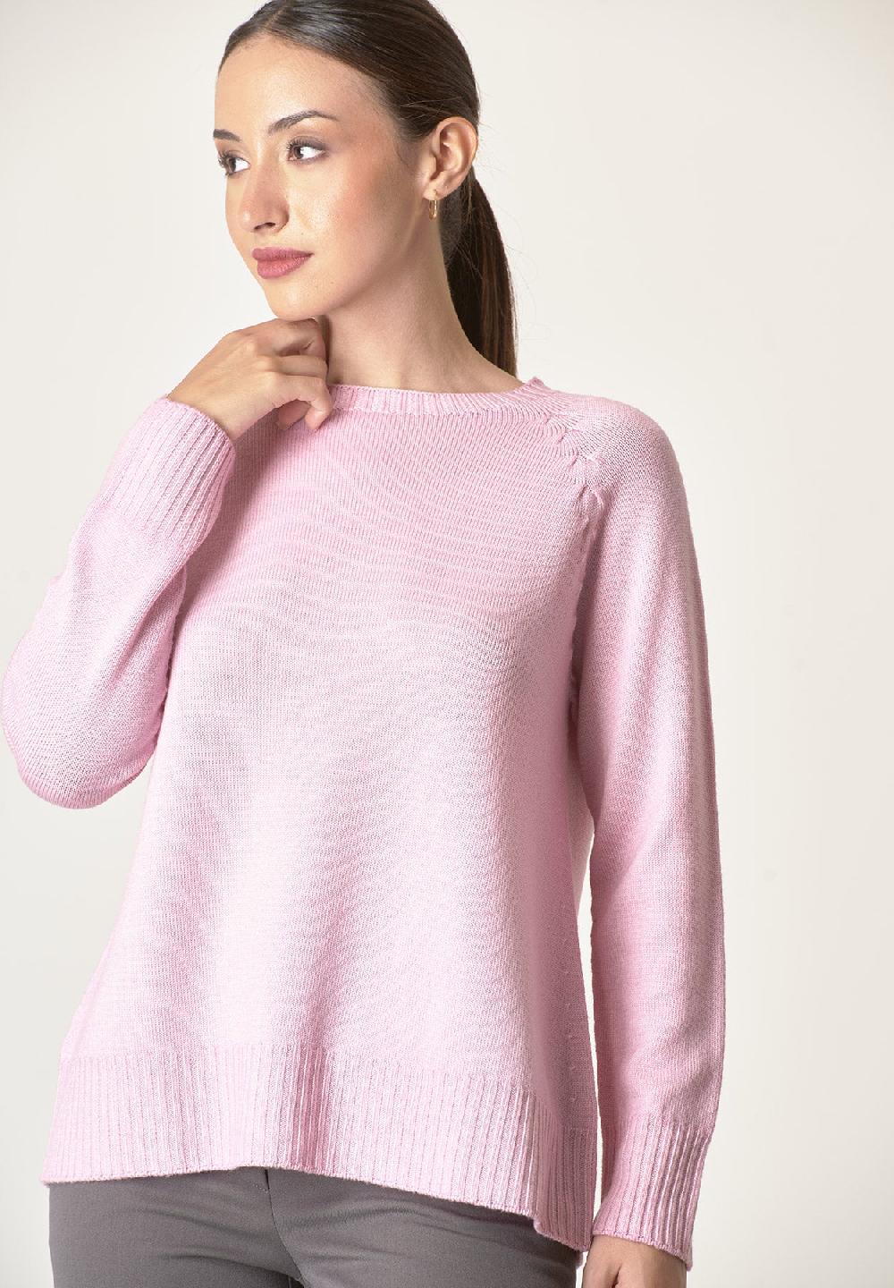 Angelico Girocollo rosa lana merinos treccia raglan In Saldo