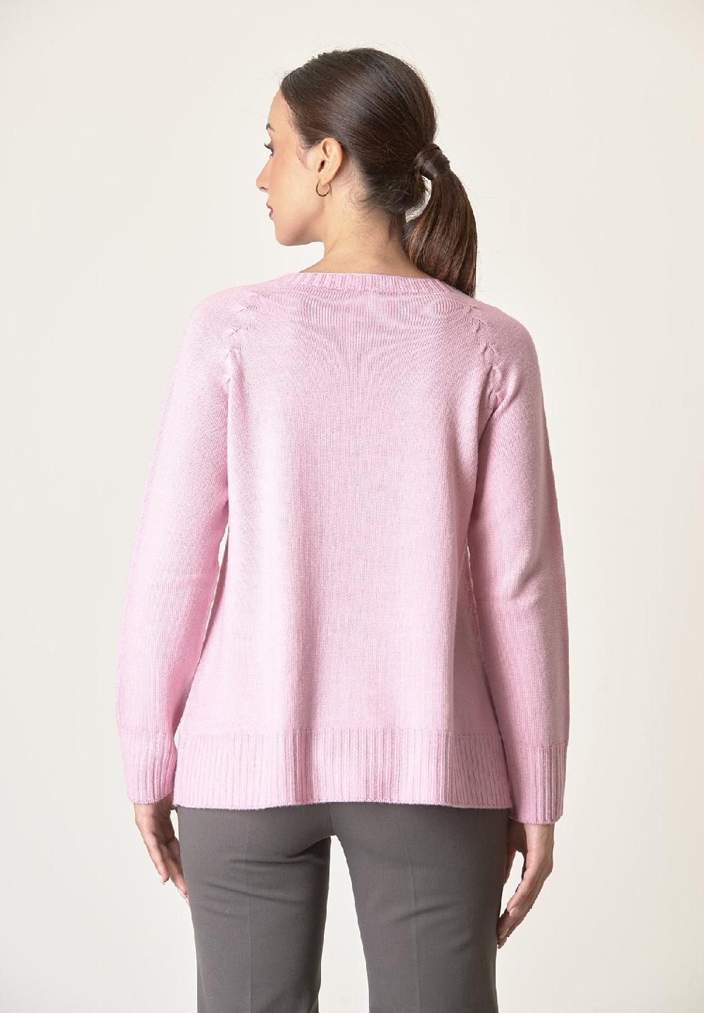 Angelico Girocollo rosa lana merinos treccia raglan In Saldo