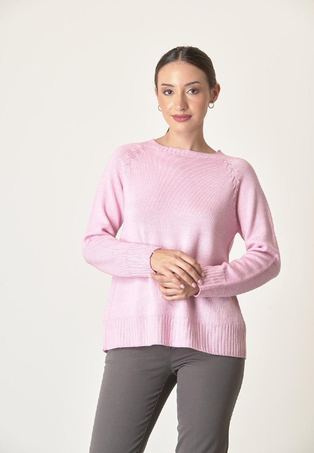 Angelico Girocollo rosa lana merinos treccia raglan In Saldo