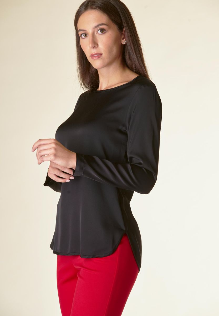 Angelico Blusa nera manica lunga raso viscosa Grande vendita