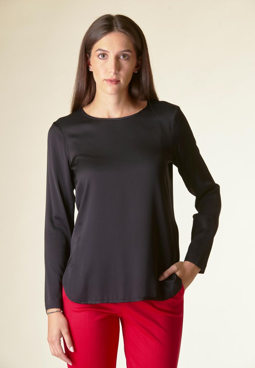 Angelico Blusa nera manica lunga raso viscosa Grande vendita