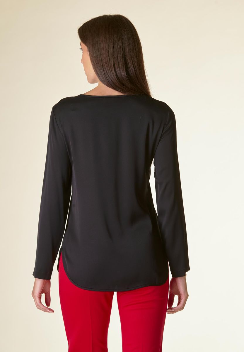 Angelico Blusa nera manica lunga raso viscosa Grande vendita