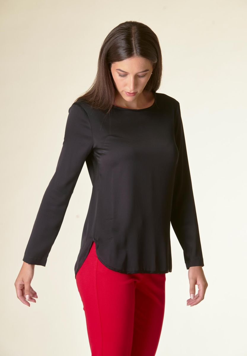 Angelico Blusa nera manica lunga raso viscosa Grande vendita
