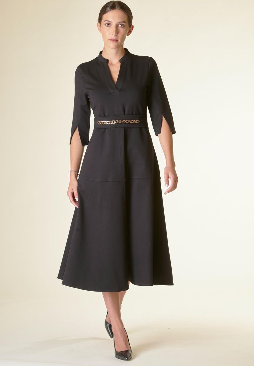 Angelico Vestito nero v midi svasato con cintura Offerte speciali