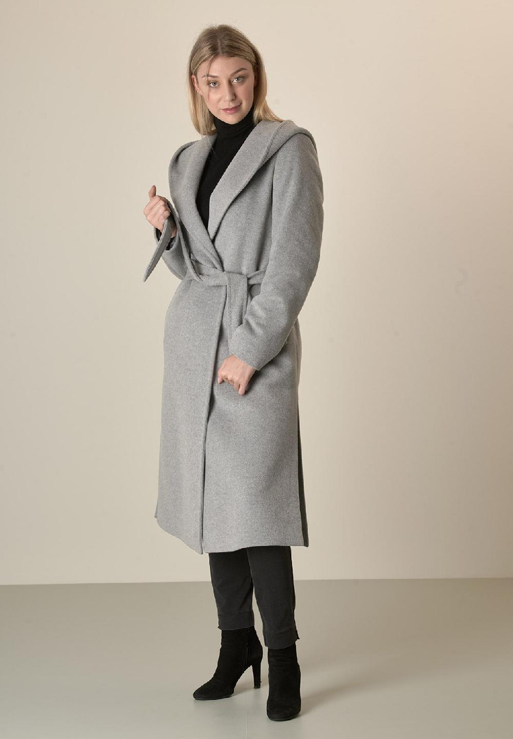 Angelico Cappotto grigio chiaro cappuccio e cintura lana cashmere Offerta speciale della fabbrica