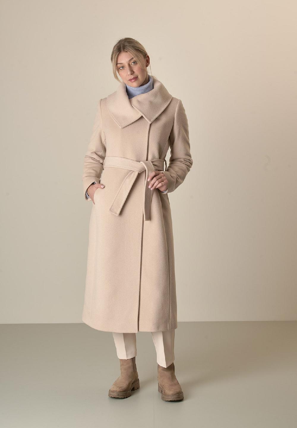 Angelico Cappotto cipria collo anello e cintura lana vergine cashmere Sostegno trimestrale