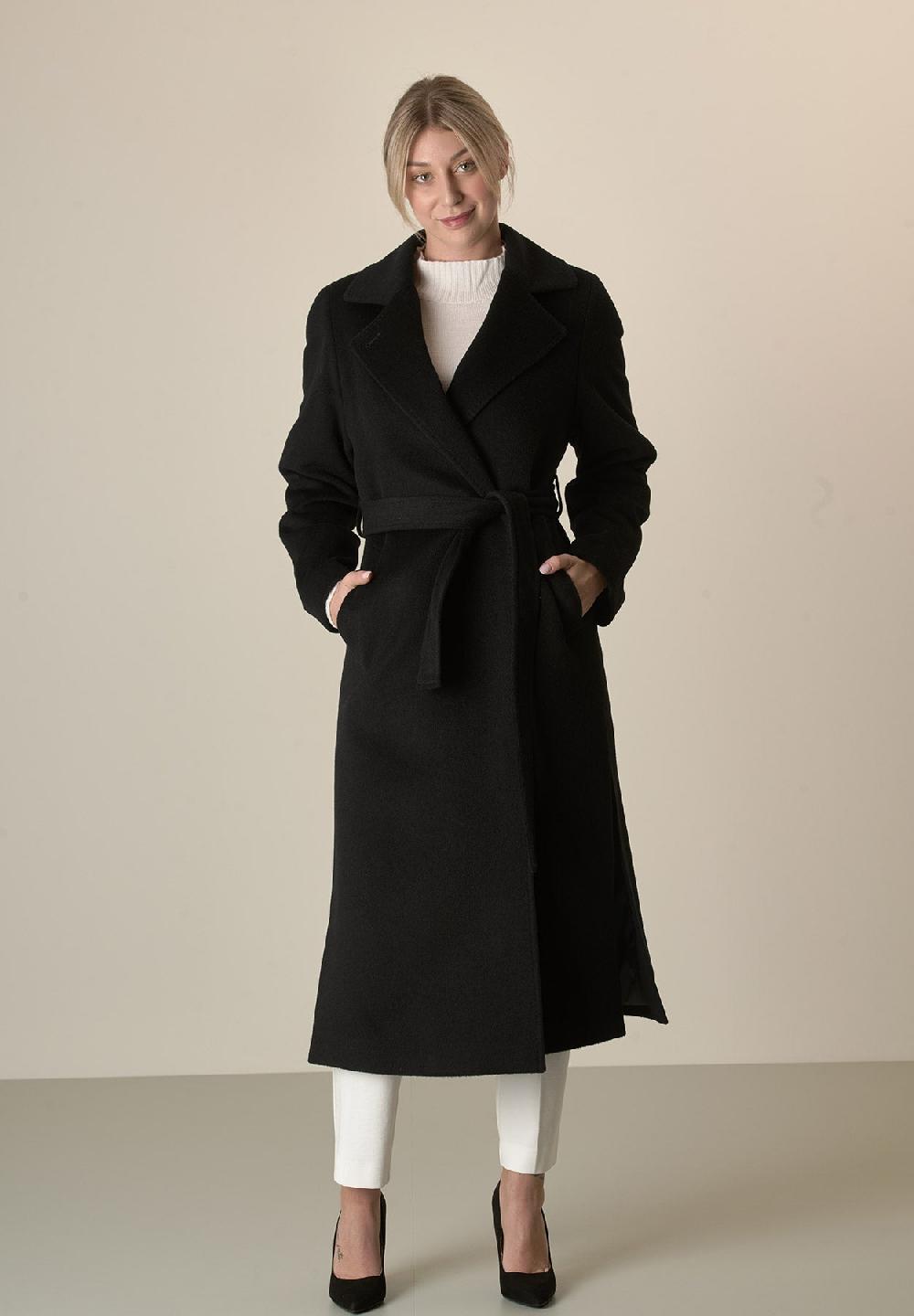 Angelico Cappotto nero vestaglia con cintura lana cashmere Promozione
