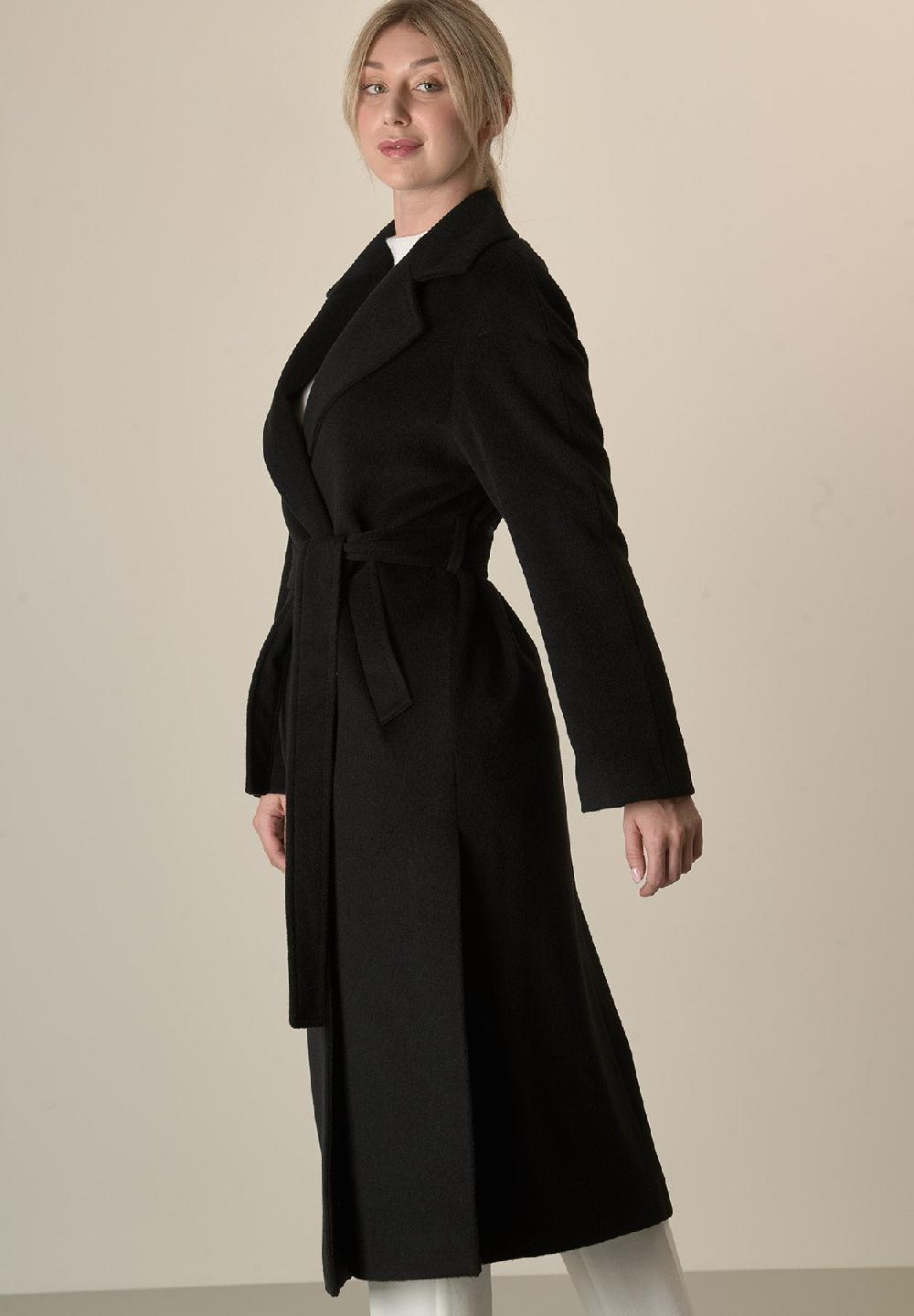 Angelico Cappotto nero vestaglia con cintura lana cashmere Promozione