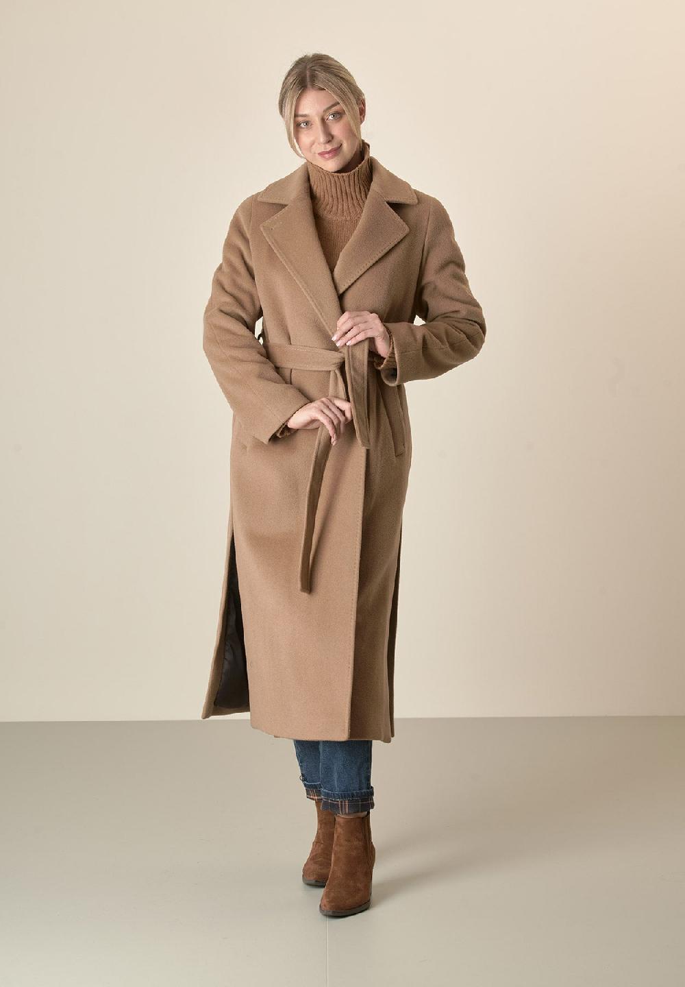 Angelico Cappotto cammello vestaglia con cintura lana cashmere Spedizione Gratuita